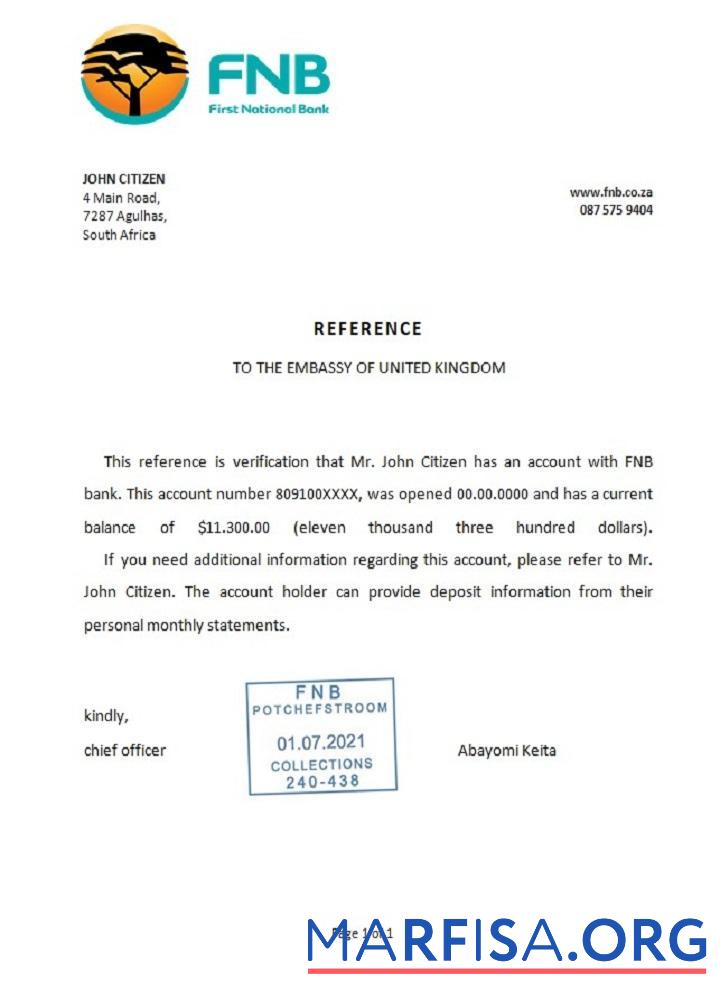 Printable South Africa FNB reference sample